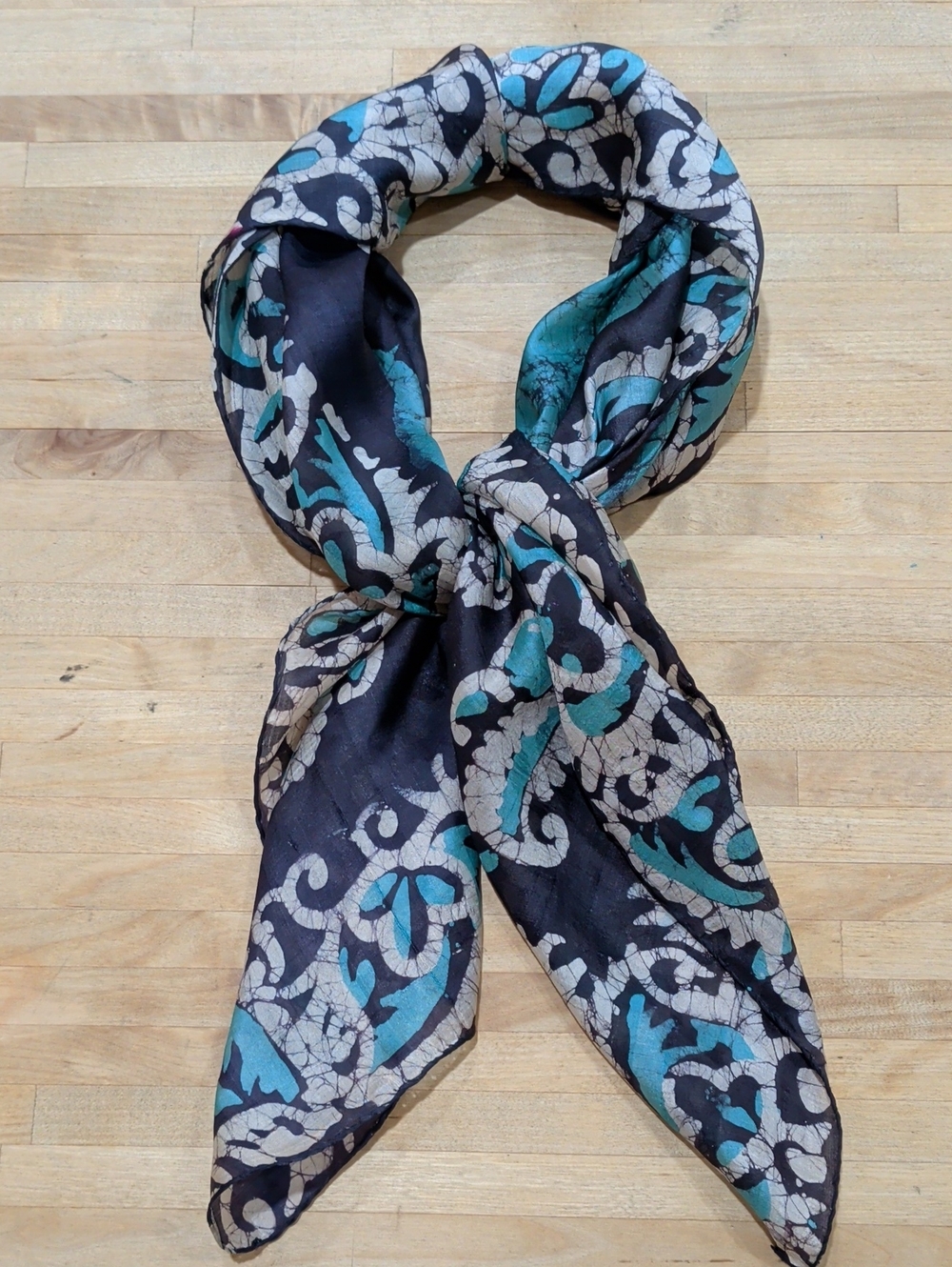100% Silk Navy & Teal Batik Print Square Scarf Hand Woven In India